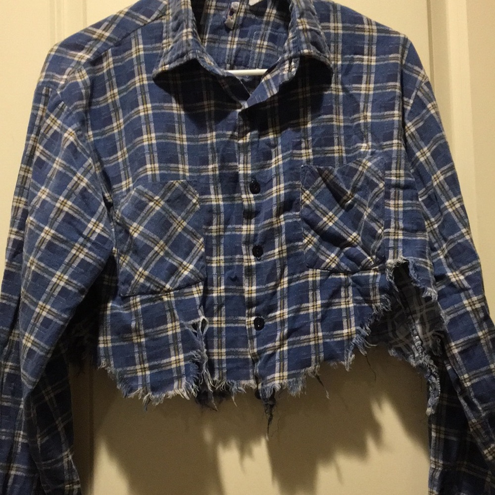Patchwork Distress Crop Button Down Flannel Lg Sl… - image 2